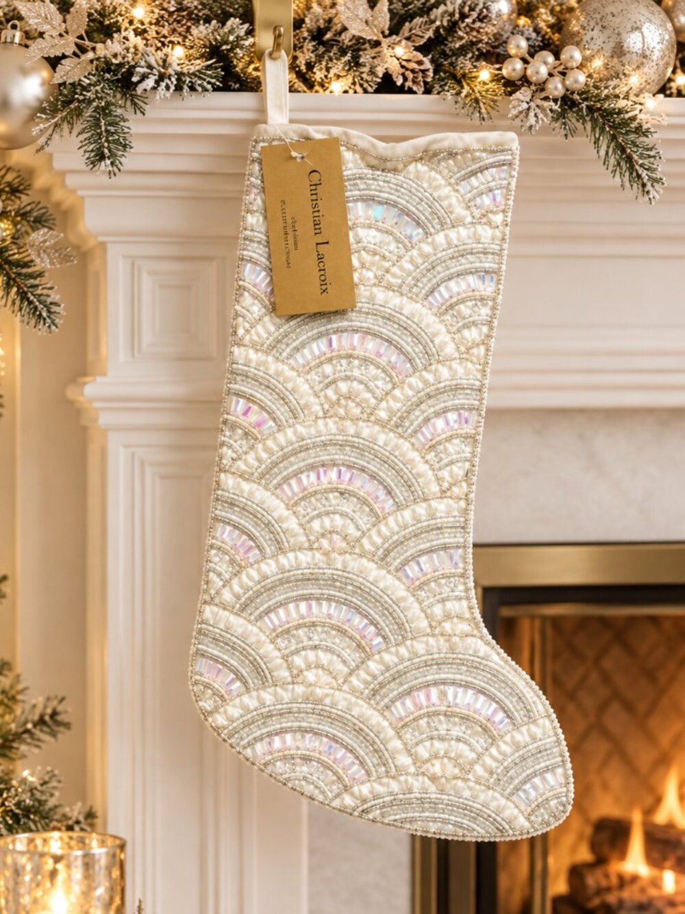 Christian Lacroix Luxury Christmas Stocking Beaded Front Velvet White Pink 22x8"